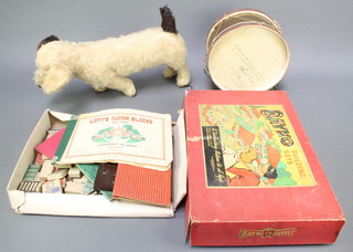 A Bayko building set no.2 boxed and with instructions for no.3, a set of Lott's Tudor blocks, a Merrythought figure of a dog (eye f), a toy drum 8 1/2" 