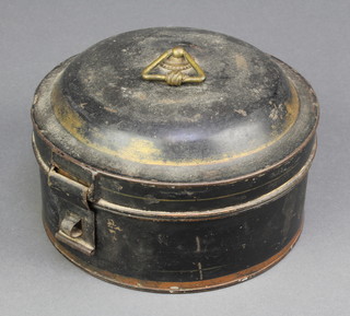 A Victorian circular Japanned spice box with fitted interior complete with grater 3"h x 6" diam. 