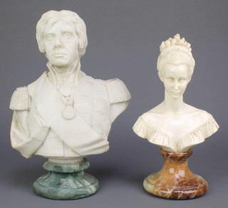After Fredericks, a composition head and shoulders portrait bust of Admiral Nelson (nose f and r) 12" raised on a socle base, together with 1 other composition head and shoulders portrait bust of a lady  10" 
