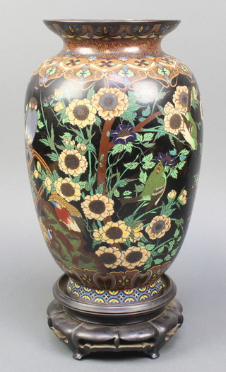 A 19th Century Japanese black ground cloisonne enamelled vase decorated birds amidst floral branches 13 1/2"h, converted to an electric table lamp 