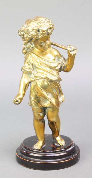 A bronzed figure of a standing cherub 7"h raised on  a socle base together with a circular Newlyn style copper and brass pot 2" 