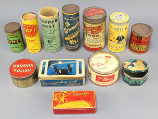 A tin of Mansion Antiseptic polish, a tin of Thorns High Class Confections and other household tins  