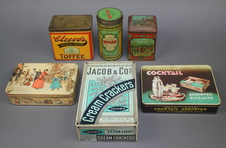 A Jacobs & Co Cream Cracker tin, a Huntley & Palmer cocktail assorted biscuit tin and 4 other tins 