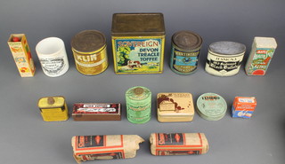 A tin of Eximo insect bite cream, a jar of Flint moth and bug killer, tin of Klim powdered whole milk and other tins 