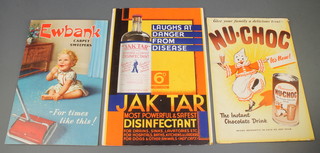 A Ewbank carpet sweeper cardboard shop advertising sign 13 1/2" x 8 1/2", a ditto Jack Tarr disinfectant 15" x 10", ditto N.Choc chocolate drink 13 1/2" x 9 1/2" (crease to the top) 