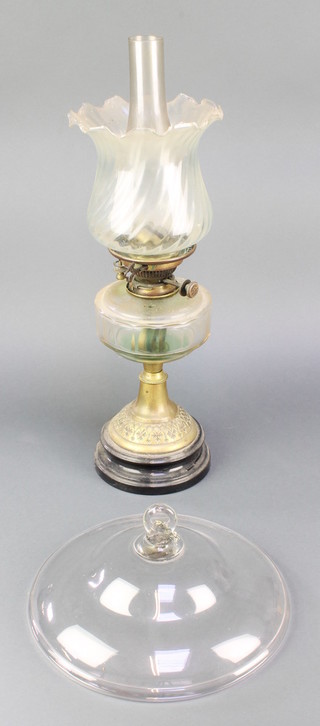 Hinks, a Victorian brass and glass oil lamp with clear glass shade and chimney together with a circular domed ceiling shade 