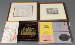 Of operatic interest, a programme for the 1977 Silver Jubilee Gala Performance at The Royal Opera House Covent Garden signed by Rudolf Nureyev , Dame Margot Fonteyn and others together with a pink admission ticket and a Royal Opera House 1992 Japanese Festival lacquered photograph album and a 19th Century coloured print of the Italian Opera House London 3 1/2" x 5", a programme for the Royal Gala Auction Wednesday 1st October 1980, a Mel Calman pencil drawing "Your Not So Tiny Hand is Frozen" 5 1/2" x 7 1/2" and 1 volume Carman at the Royal Opera House   