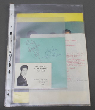Signatures, The Shadows, Cliff Richard, Hank Marvin, Bruce Welch, an official Cliff Richard fan club card together with a letter and programme