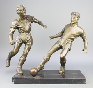 A bronze figure group of 2 footballers, raised on a rectangular black veined marble base 20"h x 18"w x 7 1/2" 