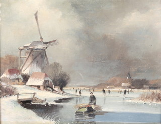 An early 20th Century oil on panel, Dutch winter landscape with figures 7 1/2" x 10" 