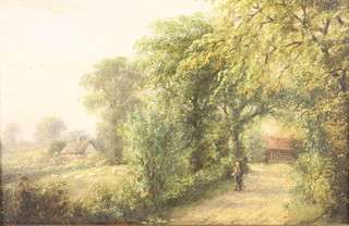 A E Warsop, oil on board,  "Lane at Castle Donnington", figure in a country lane with distant buildings and sheep 7 1/2" x 11 1/2" 