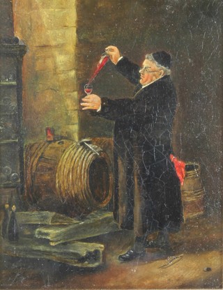 A 19th Century Continental oil on board, study of a monk decanting wine 9" x 6 1/2" 
