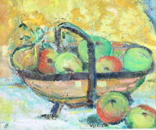 M Hamilton, oil on canvas, signed, still life study of a trug of fruit, monogrammed 14 1/2" x 17 1/2" 