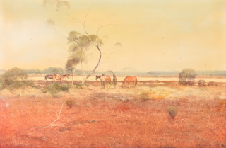B Malloch, oil on board, signed and dated 1960, Australian outback study with figures and horses 13" x 20" 