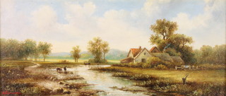 H Church, oil on board, signed, study of cattle beside a river with distant building 6 1/4" x 14 1/2" 