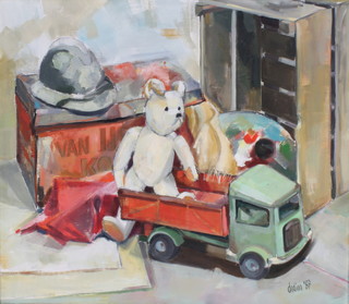 Dedion '87, oil on canvas, signed, still life study of a teddy bear, toy lorry, helmet, trunk and pallet, 27" x 31" 