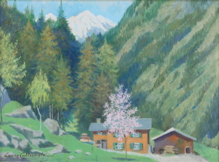 Lance Cattermole, oil on board, signed, an Alpine scene with buildings 13 1/2" x 18" 