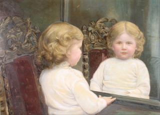 A Victorian oleograph of a child seated before a mirror 19 1/2" x 27" 
