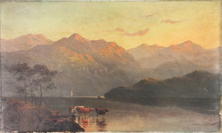 L Leroux, oil on canvas, signed, cattle in a scottish highland scene at sunset, unframed 12" x 20" 
