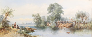 M H Long, watercolour, signed, study of figures beside a lake with distant buildings, unframed 7 3/4" x 19" and a  Victorian watercolour study, indistinctly signed, study of children beside a river, unframed 7 3/4" x 19" 