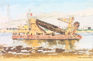 Dick Hutchings, oil on board, signed, study of a dredger 15 1/2" x 23" 