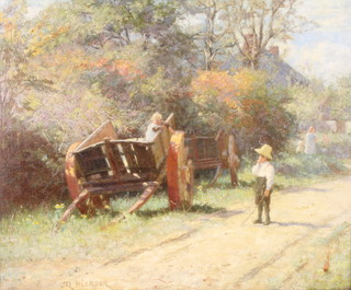 Margaret Hickson, oil painting on canvas, signed, a summers day rural study of children and carts in a country lane with distant cottages 19 1/2" x 23 1/2" 