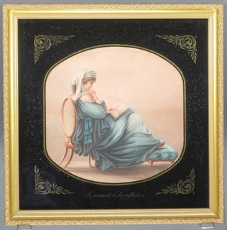 A pair of 19th Century stipple engravings of a seated lady and gentleman in Hogarth frames 14" x 14" 