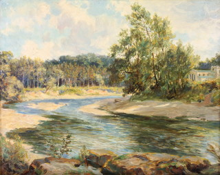 Oil painting on panel, monogrammed, a river landscape with distant church 12 1/2" x 15 1/2" 