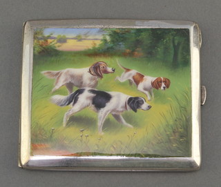 A white metal cigarette case stamped Alpaca, the enamelled front  with 3 hunting dogs