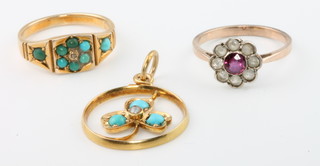 An 18ct yellow gold turquoise set ring, size L, a gem set cluster ring size L and a yellow gold turquoise pendant 