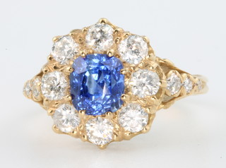 An 18ct yellow gold Victorian style sapphire and diamond cluster ring, the centre stone approx. 2.15ct surrounded by brilliant cut diamonds approx.1.45ct size N 1/2