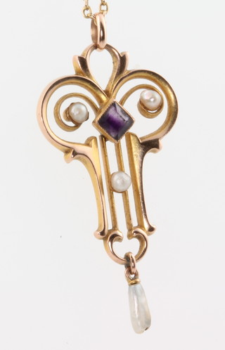 A 9ct amethyst and seed pearl pendant on a ditto chain