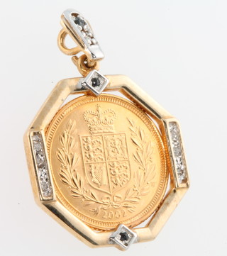 A 2002 half sovereign in a gem set 9ct gold mount, 4 grams