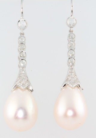 A pair of white gold diamond and pearl set drop earrings 