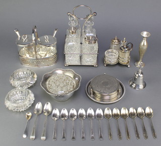 A silver plated  4 bottle cruet and minor plated items 
