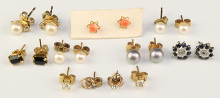 A pair of 9ct yellow gold sapphire and diamond ear studs, minor gold and other ear studs