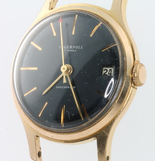 A gentleman's vintage gilt cased Ingersoll calendar wristwatch with red tipped second hand, black dial and gilt case, the dial  marked Made in Gt Britain.