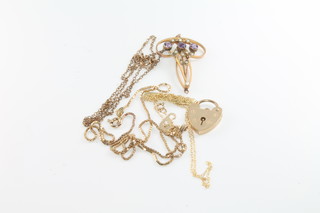 An Edwardian amethyst and seed pearl pendant and minor gold jewellery 