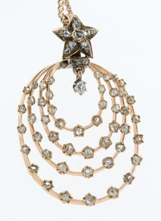 A yellow gold diamond set drop pendant and chain 