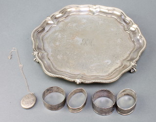 A silver plated salver with bead rim 8", 3 silver napkin rings, a plated ditto  and a plated locket and chain 
