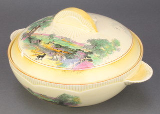 A Clarice Cliff circular 2 handled tureen and cover decorated rural landscape 9" 