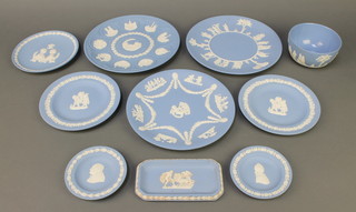 A Wedgwood blue Jasperware dish Winston Churchill 4 1/2", 5 plates, 2 dishes and a bowl