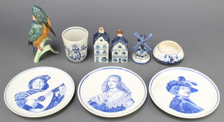 A Goebel figure of a Kingfisher, base incised CW125 6 1/2", a circular Delft ashtray 3", 2 Delft condiments and a windmill  and 3 plates decorated portraits marked to the reverse Delfts Bauw 6 1/2" diam. and a ditto beaker decorated figures 3" 