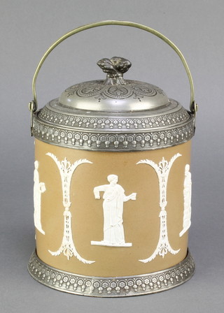 A Victorian 2 colour biscuit barrel with classical figures having ex plated mounts 7 1/2" 