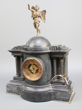 A Victorian 8 day striking mantel clock contained in a black marble architectural case surmounted by a bronze figure of a cherub with gilt metal dial and Arabic numerals 