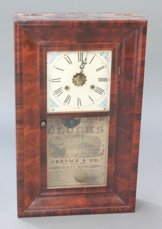 An American Jerome & Co 30 hour striking wall clock with 9" dial, contained in a mahogany case enclosed by a glazed panelled door 

