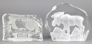 Magnor, a Norwegian glass sculpture of a standing moose 5" and 1 other of a long boat 4" 