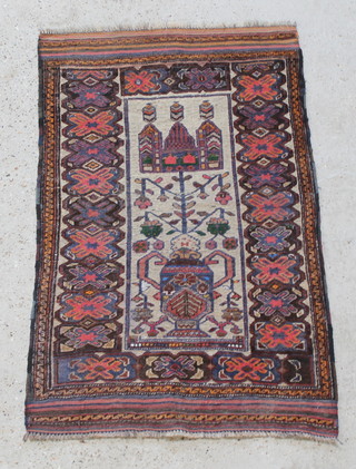 A white and pink floral patterned Balochi rug with twin handled urn to the centre 51" x 31" 