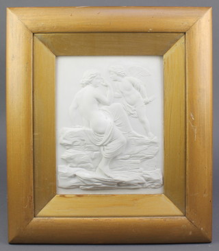 A parian style plaque of a classical figure with angel in a gilt frame 9" x 7" 