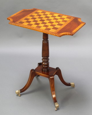 A 19th Century style shaped and inlaid mahogany chess table, raised on pillar and tripod base with brass paw feet 27"h x 27 1/2"w x 14"d 